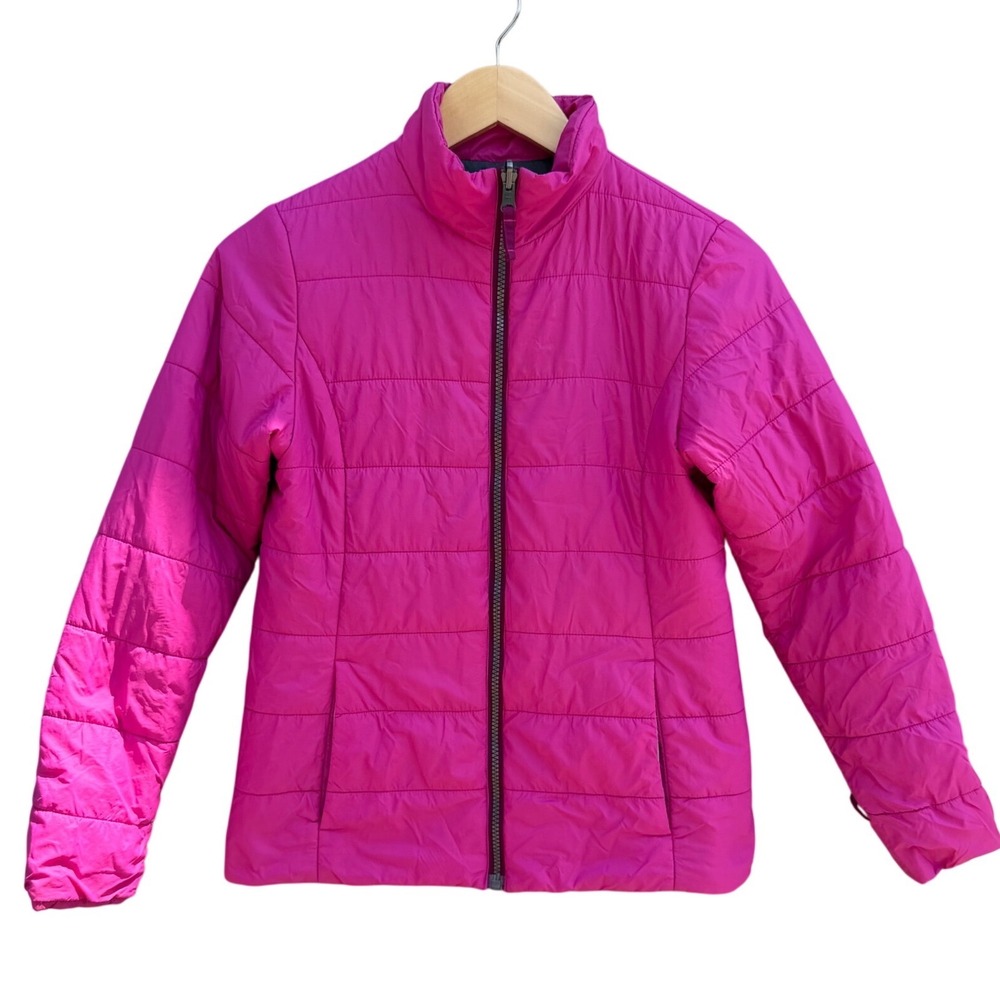 Lands End Girls Puffer Jacket Magenta Pink Full Zip Quilted Coat Size L 14